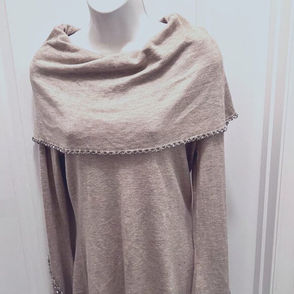 Colour Works-Women's Tan/Cream/Crystals/Beads/Studs Sweater-Off Shoulder-Festive - Picture 4 of 14